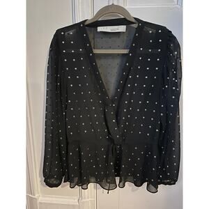 IRO Gathered Studded Georgette Sheer Silver Studed Blouse, Black, Size 34 (2)